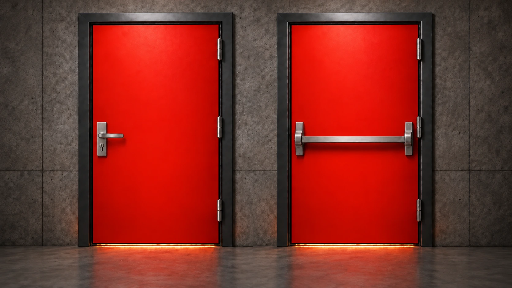 Duas portas MegaShield lado a lado: fechadura manual e barra antipânico, ambas com três dobradiças